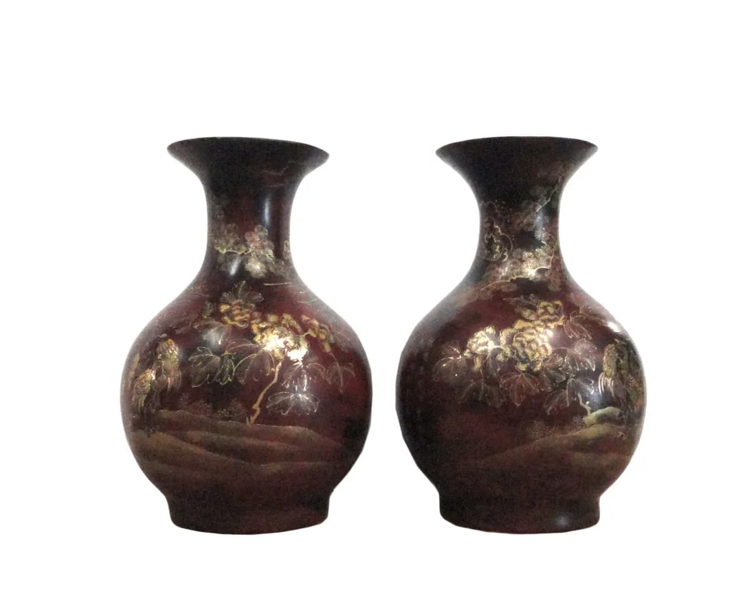 Chinese Brown Gold Scenery Decorative Vases - Pair - 5