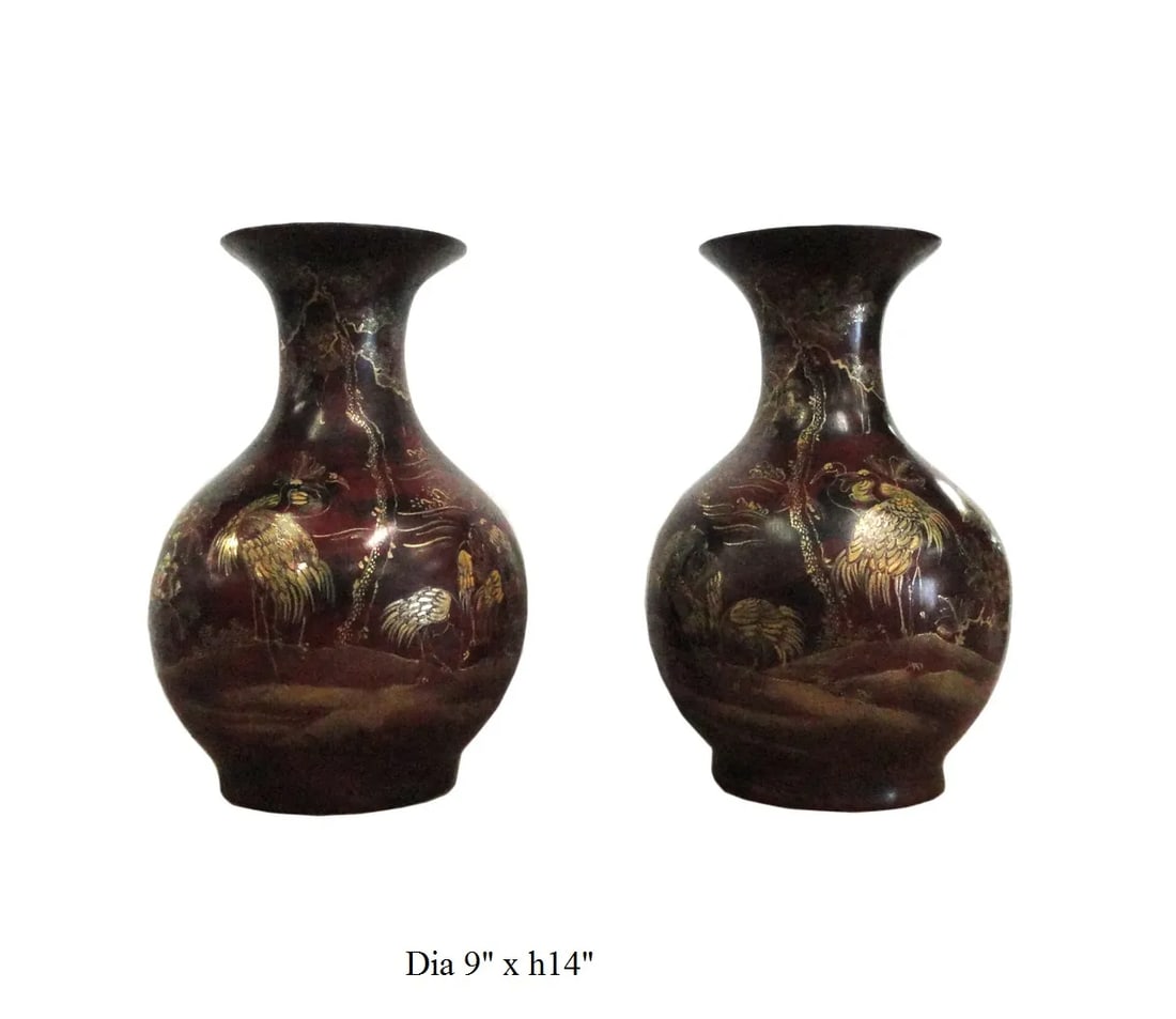 Chinese Brown Gold Scenery Decorative Vases - Pair - 7