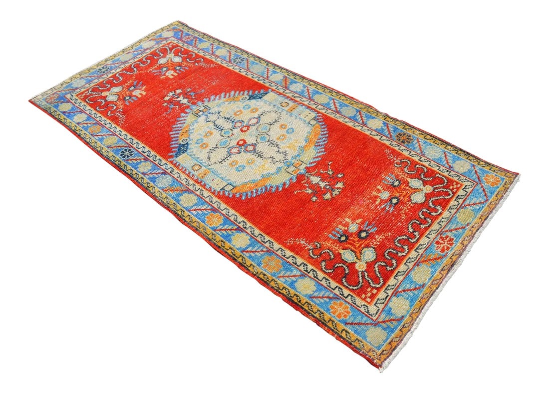 Turkish Oushak Hand Knotted Area Rug Distressed Small Rug - 3"²3"³ × 6"²11"³: Authentic 1970s Hand-Woven Turkish Rug Bring a piece of Anatolian history into your home with this stunning vintage Turkish rug. Hand-woven in the Denizli province of Turkey in the 1960s, this carpet