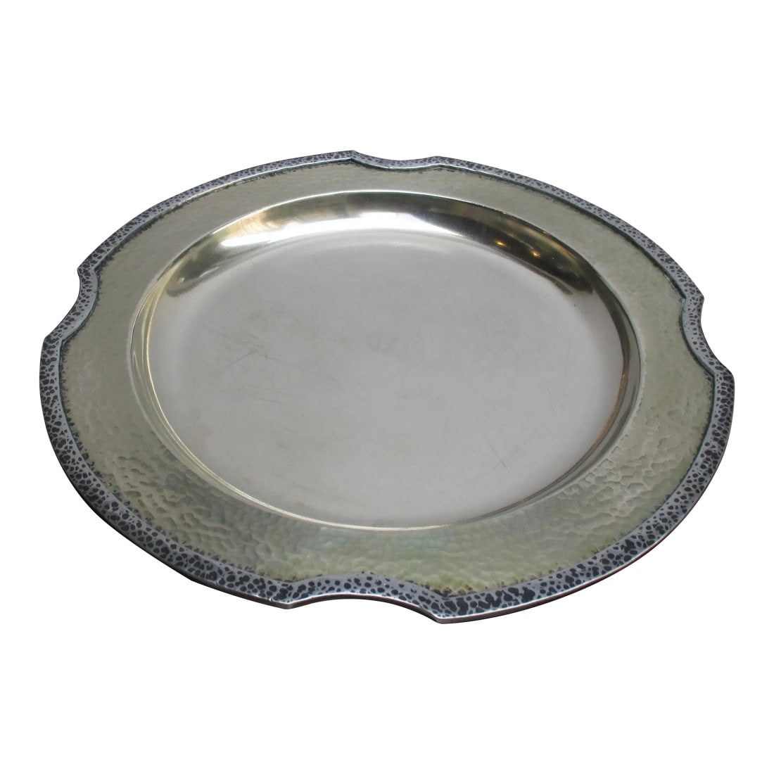Silver Plate Tray by International Sheffield 1930s: Silver plate tray from the 30s' hammered rin with shallow tray bowl. Gilt wash over the inner tray. It is hallmarked to the back rim with International Sheffield. The size is 14" in diameter and 1" de