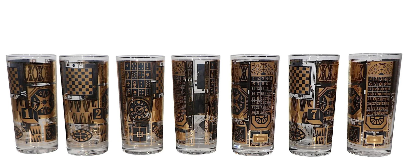 Set of Seven Chic Hollywood Regency Mid Century Georges Briard Black and Gold Highball Glasses - 11