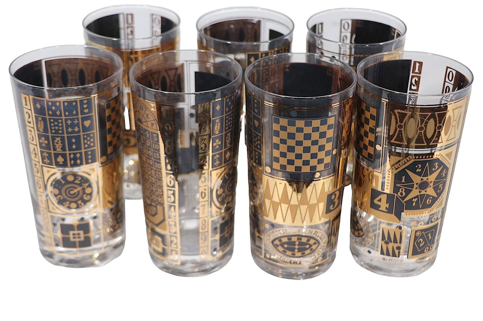 Set of Seven Chic Hollywood Regency Mid Century Georges Briard Black and Gold Highball Glasses - 12