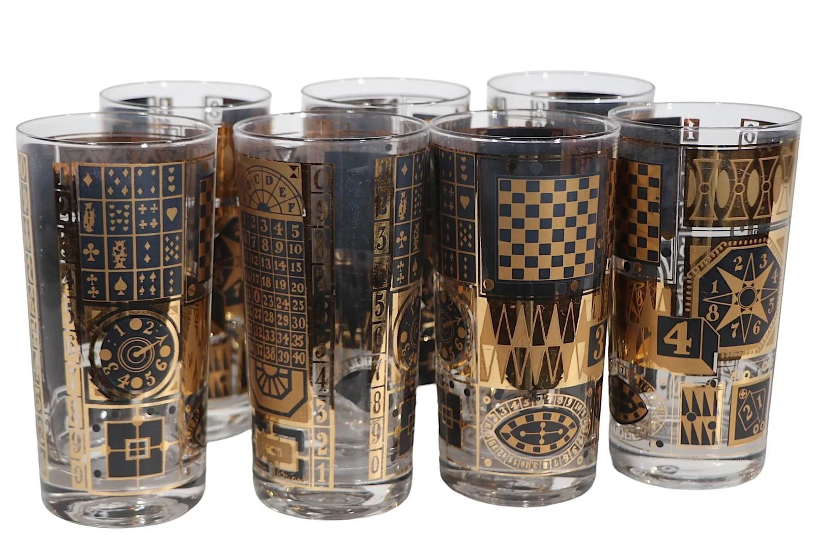 Set of Seven Chic Hollywood Regency Mid Century Georges Briard Black and Gold Highball Glasses - 2