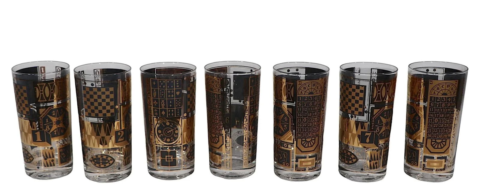 Set of Seven Chic Hollywood Regency Mid Century Georges Briard Black and Gold Highball Glasses - 9