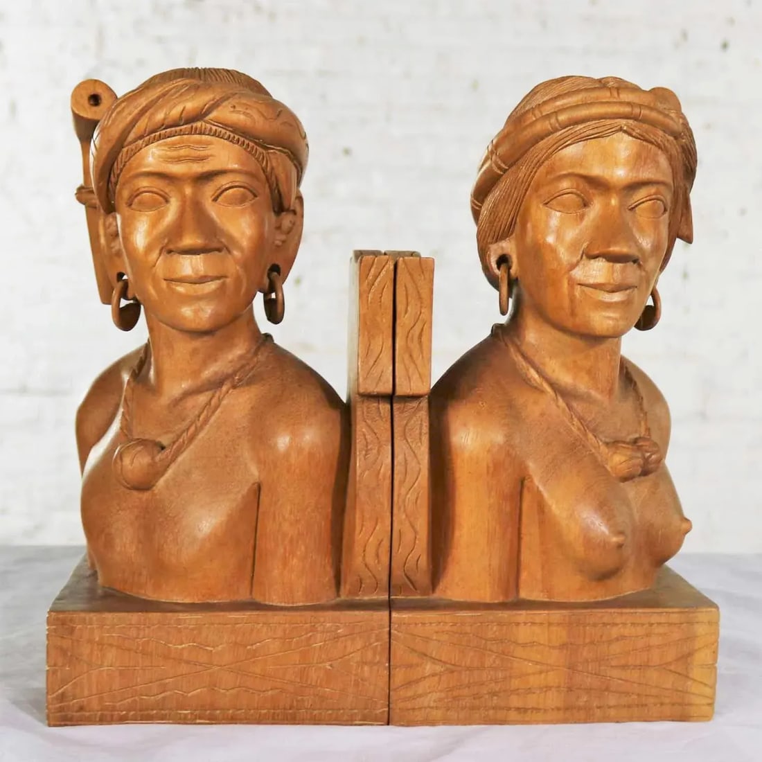 Hand Carved Wood Tribal Figural Male and Female Bookends - a Pair - 13
