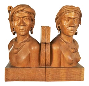 Hand Carved Wood Tribal Figural Male and Female Bookends - a Pair