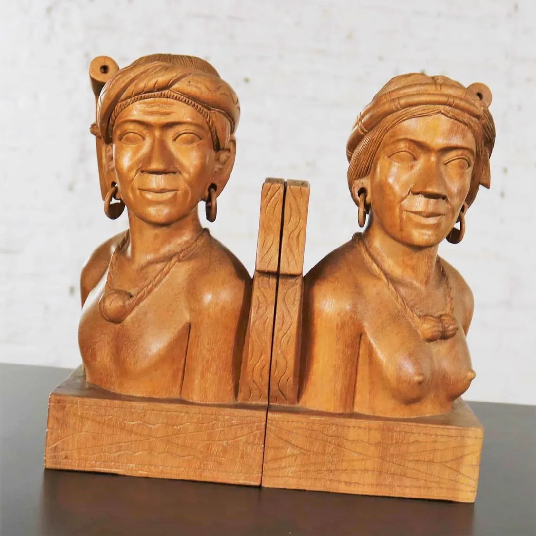 Hand Carved Wood Tribal Figural Male and Female Bookends - a Pair - 2