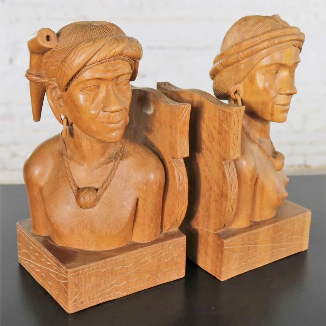 Hand Carved Wood Tribal Figural Male and Female Bookends - a Pair - 4