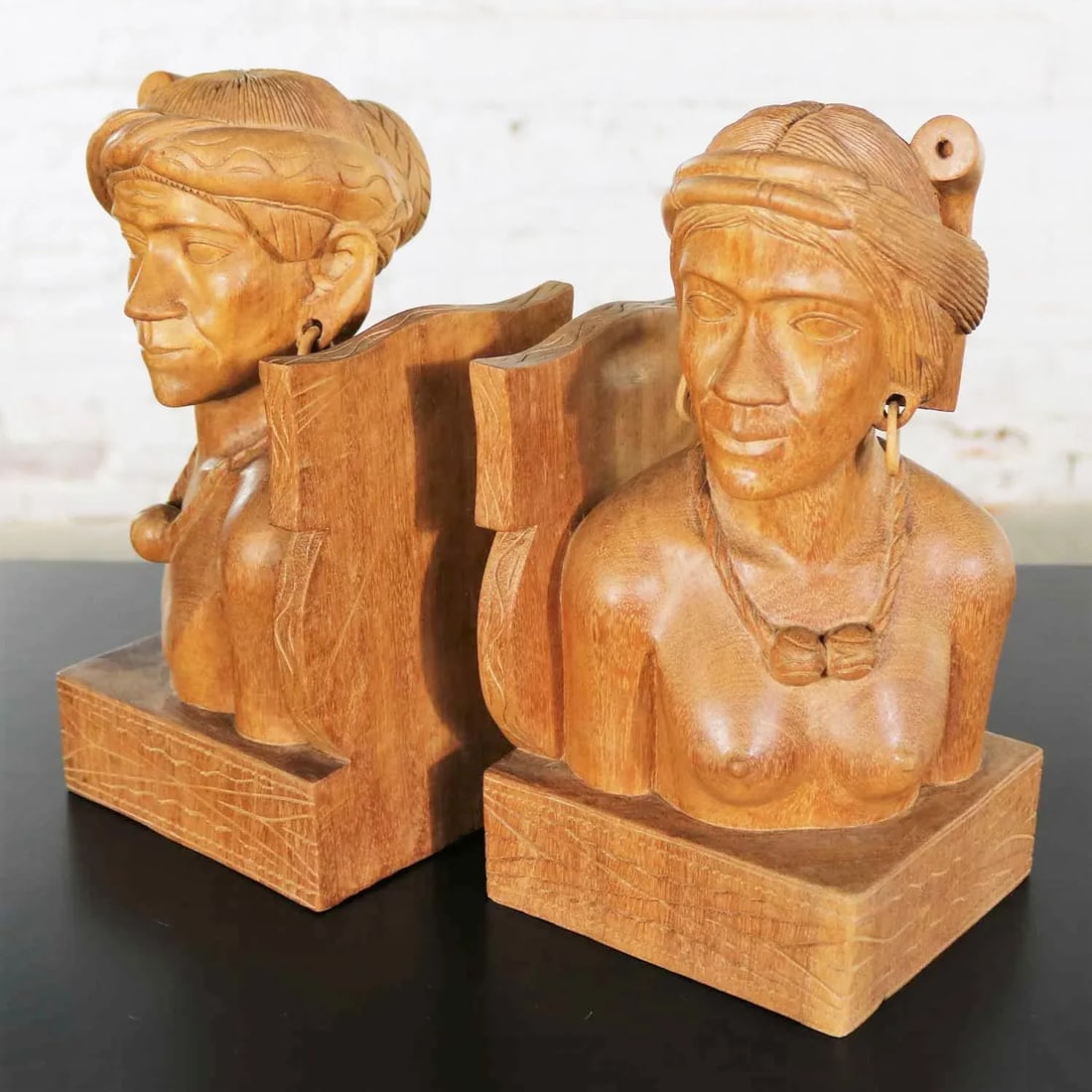 Hand Carved Wood Tribal Figural Male and Female Bookends - a Pair - 5