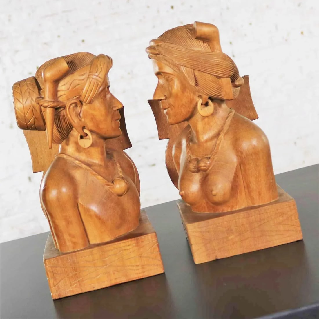 Hand Carved Wood Tribal Figural Male and Female Bookends - a Pair - 6