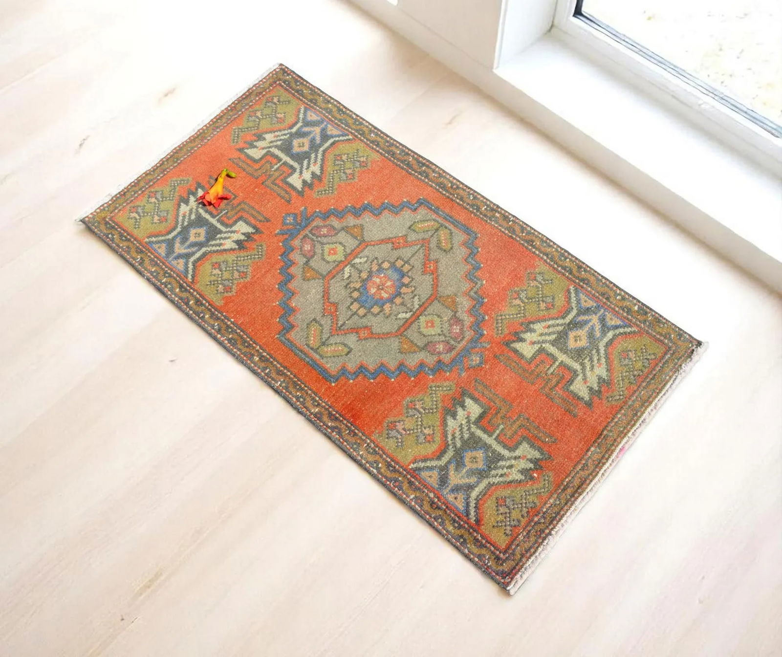 Distressed Low Pile Turkish Yastik Petite Rug Hand Knotted Faded Mat - 20'' X 39'' - 2