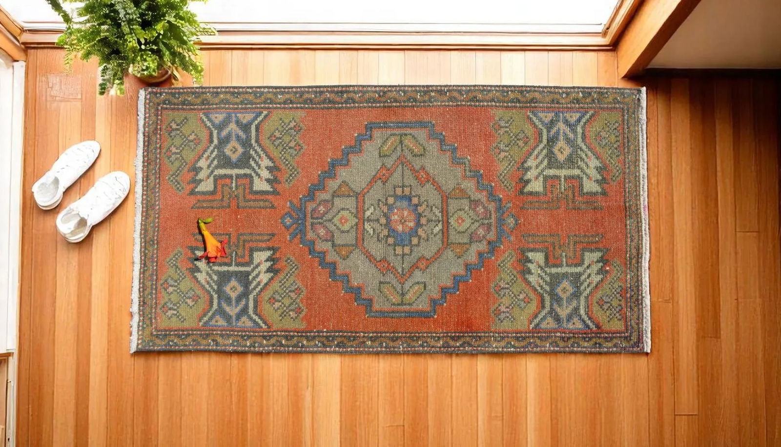 Distressed Low Pile Turkish Yastik Petite Rug Hand Knotted Faded Mat - 20'' X 39'' - 3