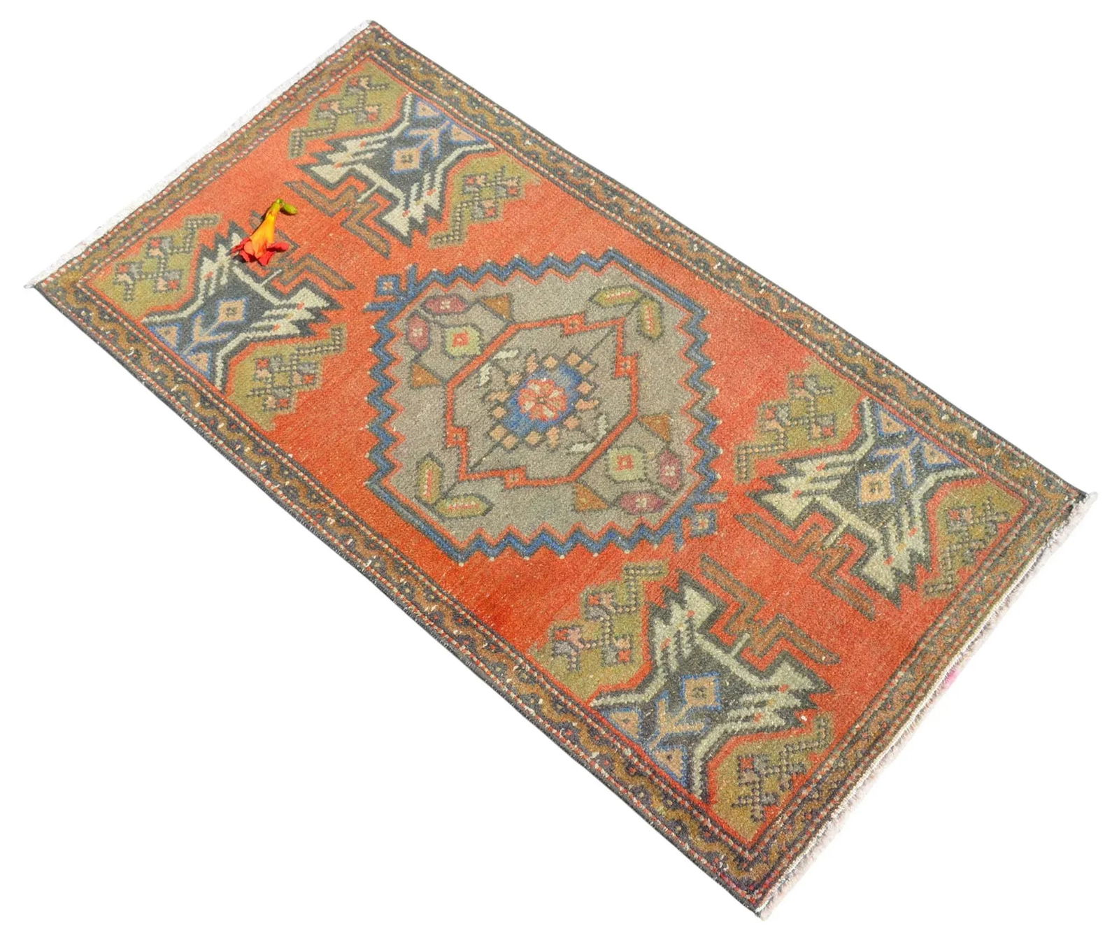 Distressed Low Pile Turkish Yastik Petite Rug Hand Knotted Faded Mat - 20'' X 39'' - 4