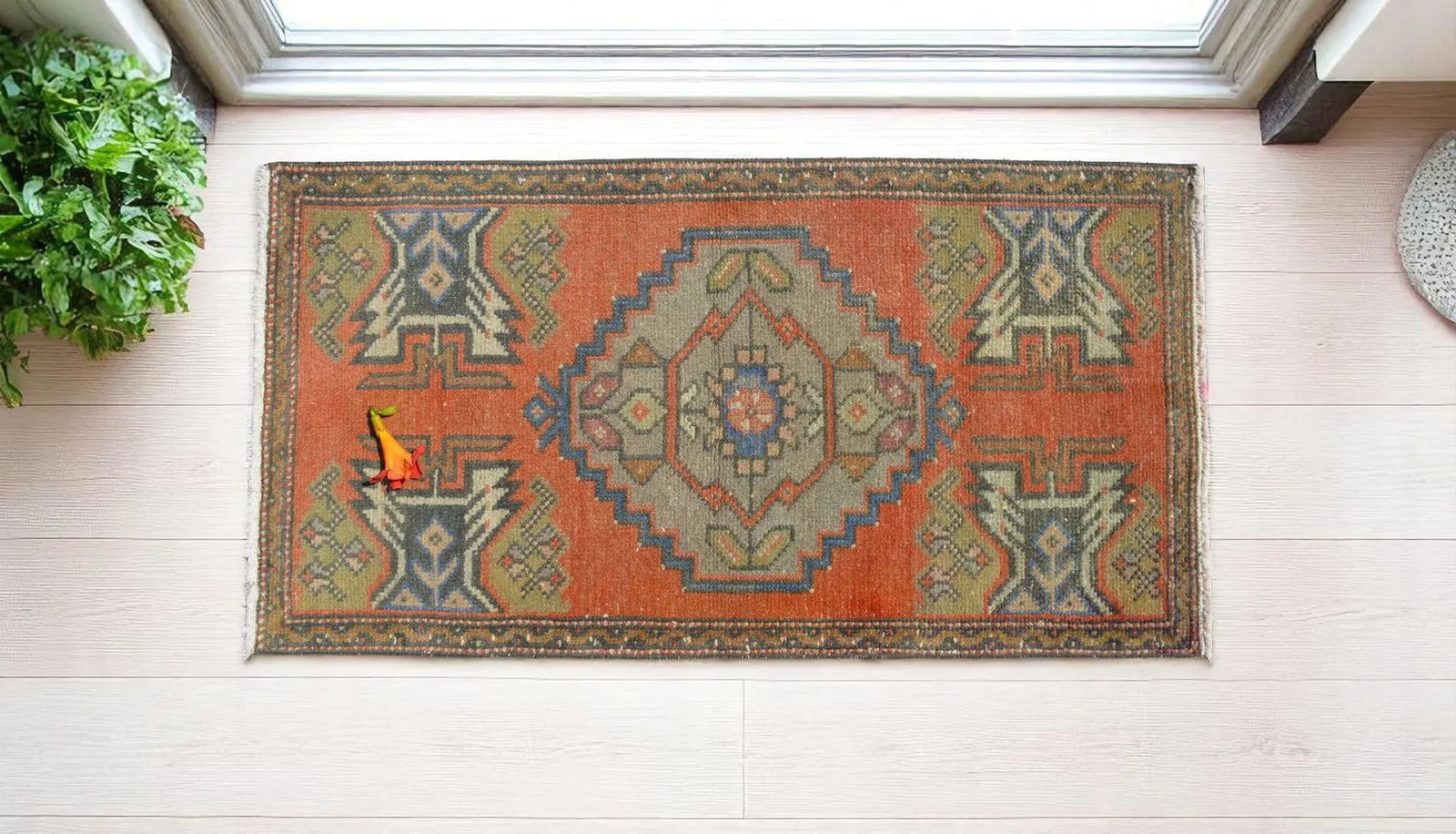 Distressed Low Pile Turkish Yastik Petite Rug Hand Knotted Faded Mat - 20'' X 39'' - 5