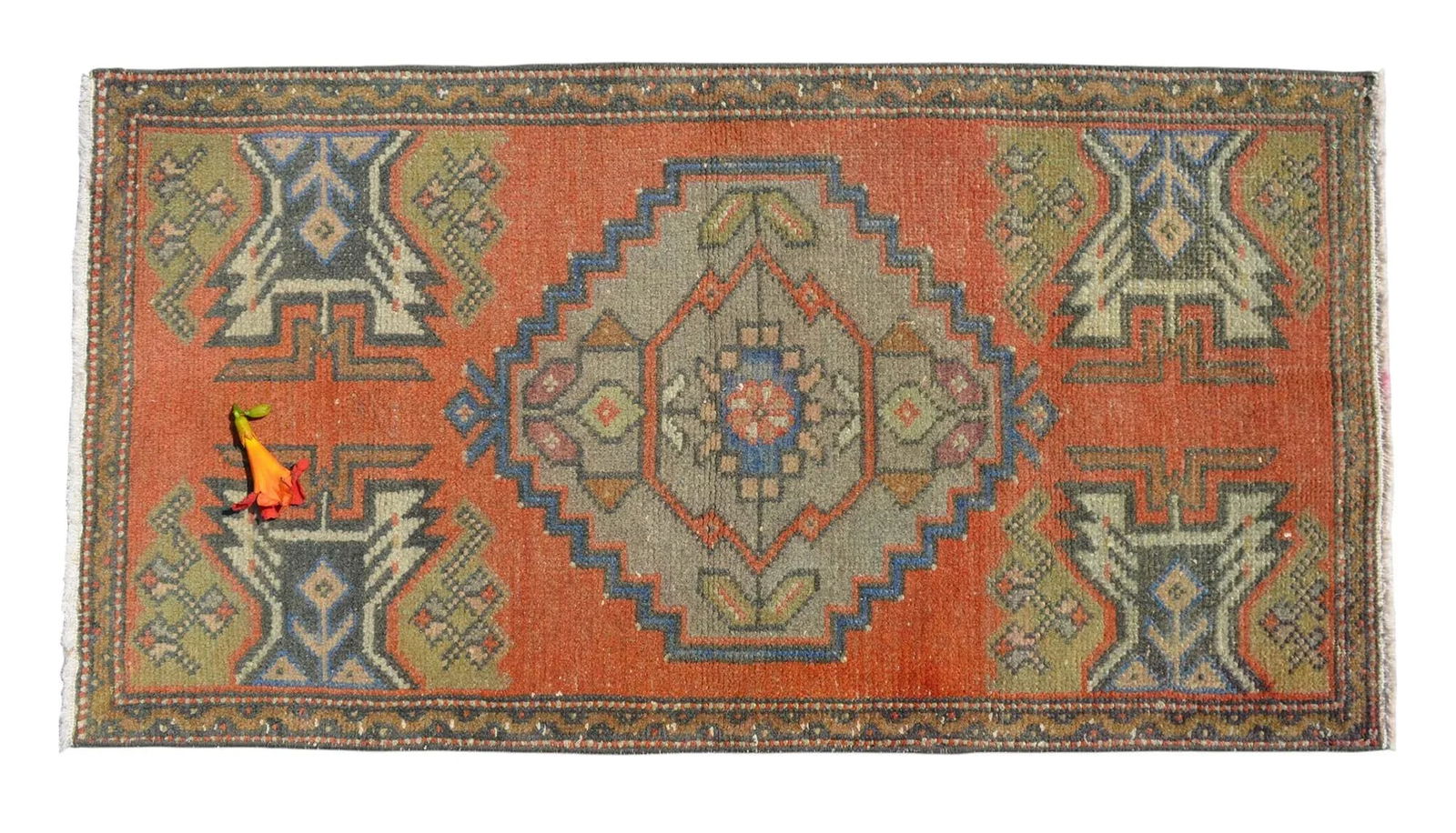 Distressed Low Pile Turkish Yastik Petite Rug Hand Knotted Faded Mat - 20'' X 39'' - 7