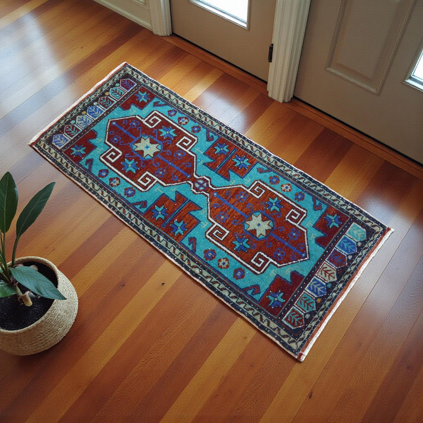 Hand Knotted Oushak Rug Low Pile Faded Entryway Mat Small Rug Yastik - 20'' X 44'' - 3