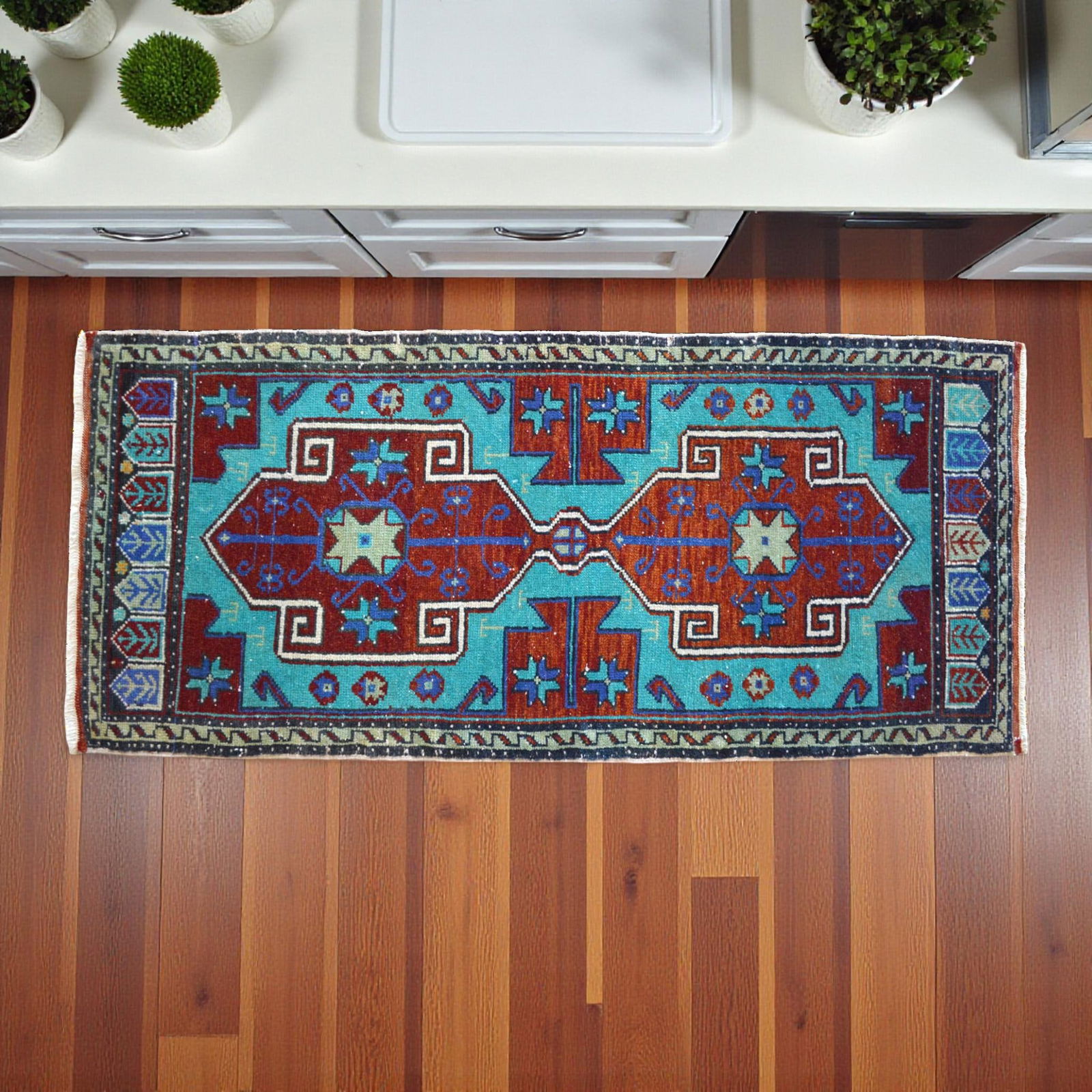 Hand Knotted Oushak Rug Low Pile Faded Entryway Mat Small Rug Yastik - 20'' X 44'' - 4