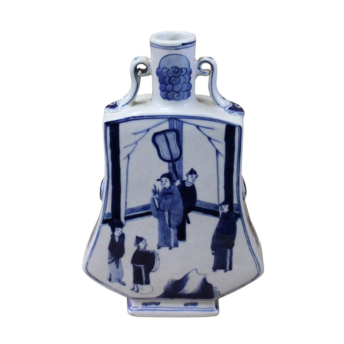Chinese Blue White Porcelain People Graphic Flat Body Vase: This is a Chinese decorative porcelain vase in Blue and White color finish. The theme is an oriental blue people graphic. Dimensions: 6.75" x d2.5" x h10.75" Origin: China Material: Porcelain Conditio