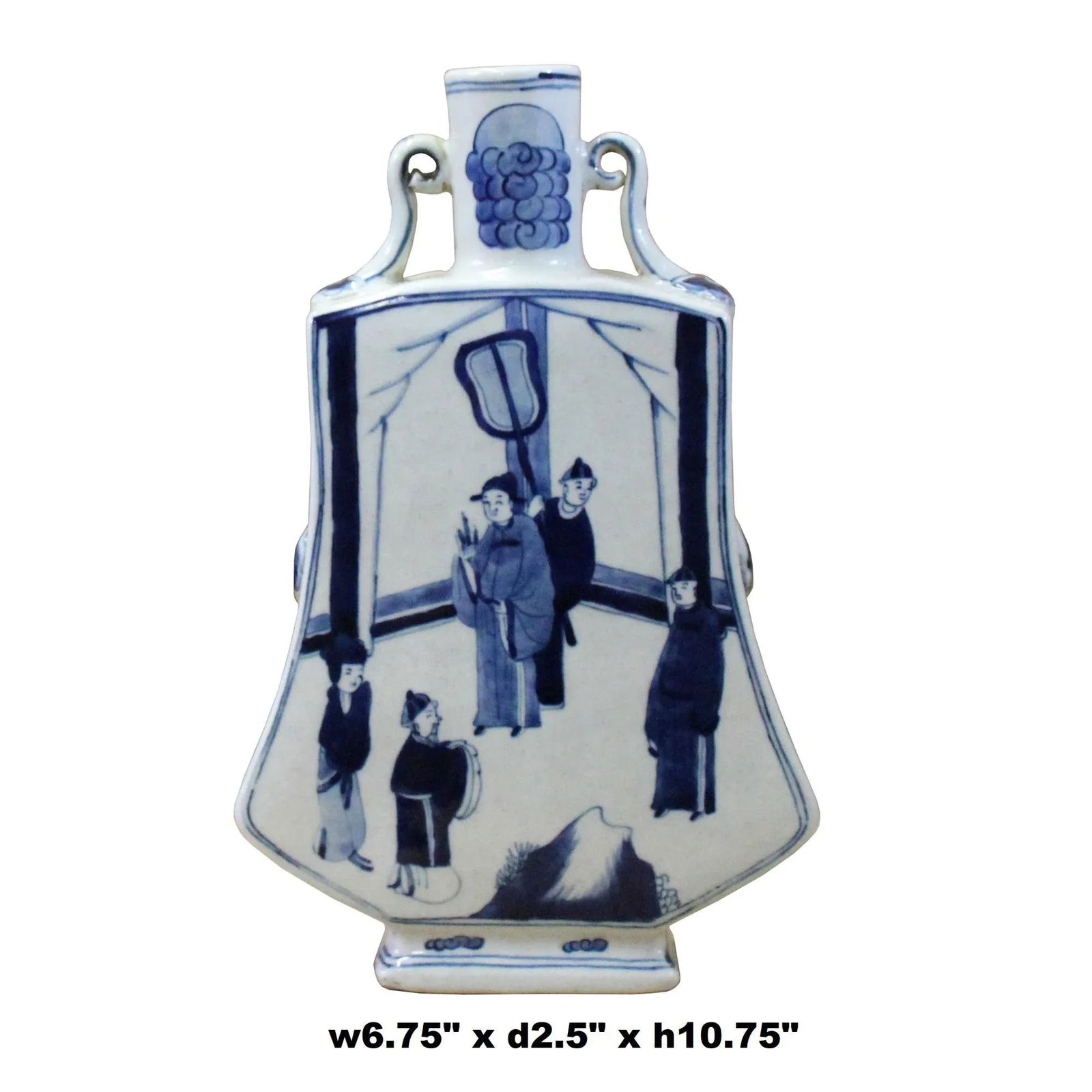 Chinese Blue White Porcelain People Graphic Flat Body Vase - 2