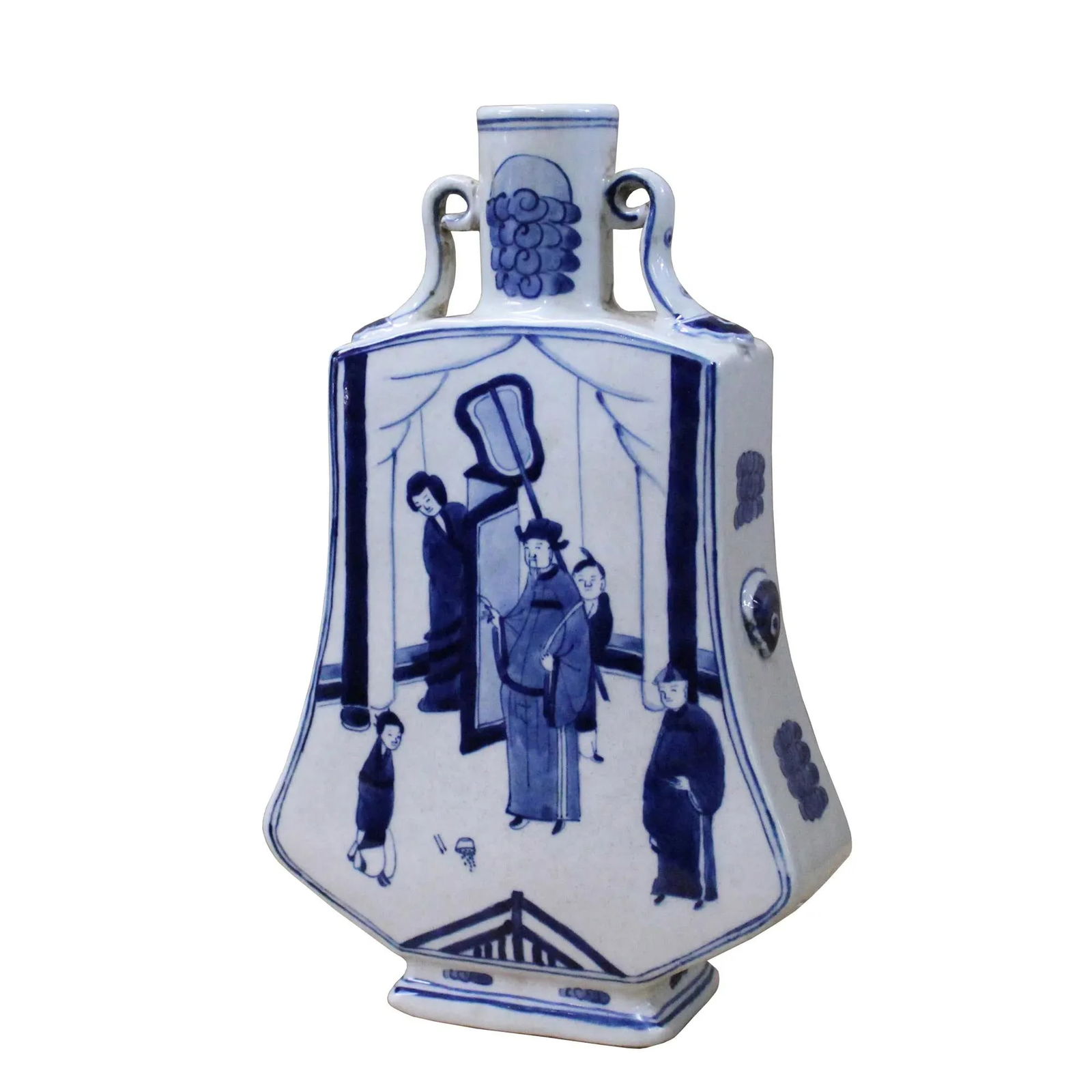 Chinese Blue White Porcelain People Graphic Flat Body Vase - 3