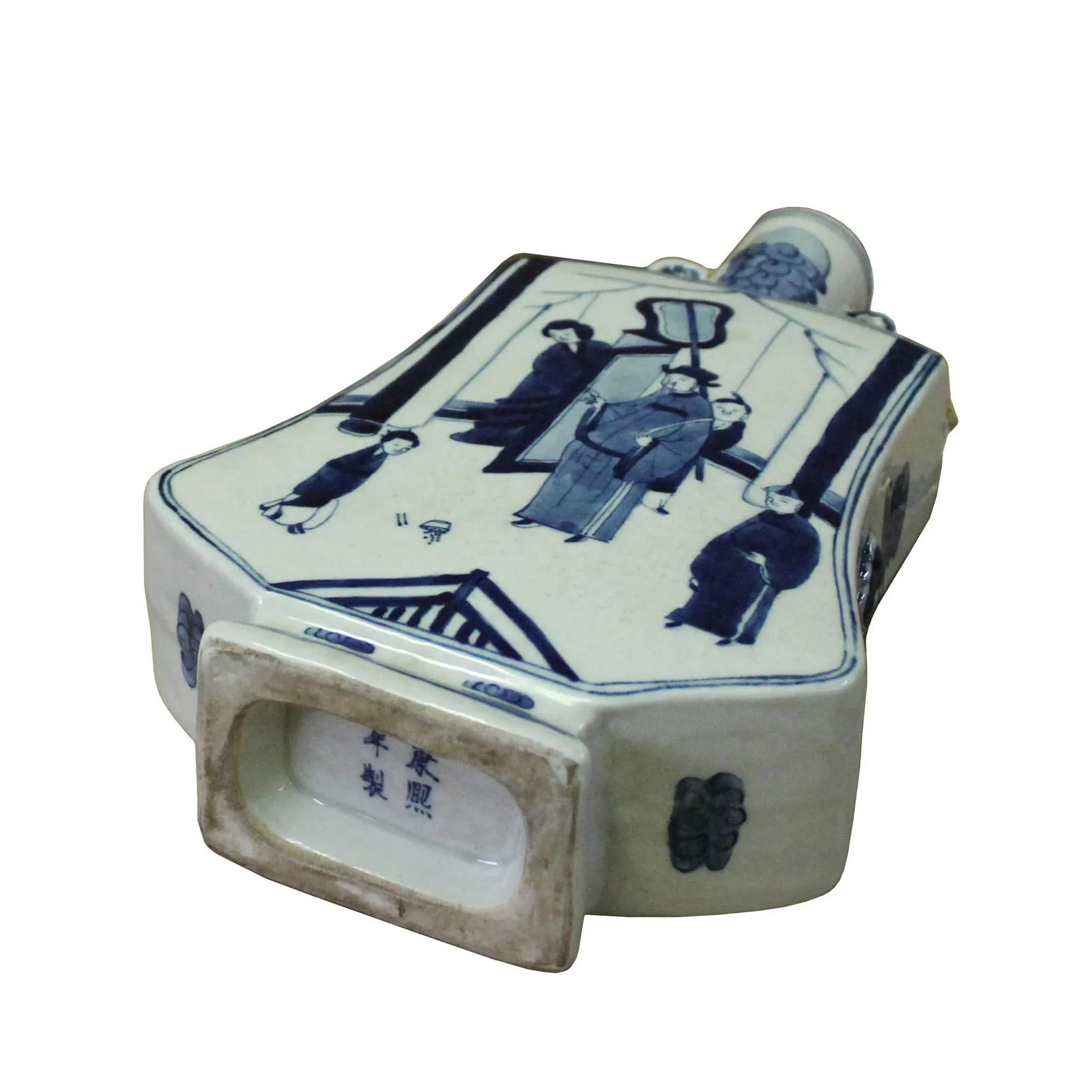 Chinese Blue White Porcelain People Graphic Flat Body Vase - 4