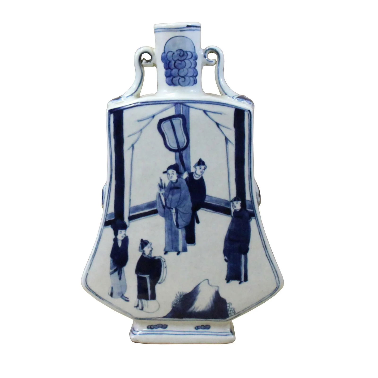 Chinese Blue White Porcelain People Graphic Flat Body Vase - 6