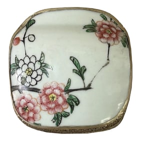 3.5" Chinese Old White Base Pink Flower Graphic Porcelain Art Pewter Box