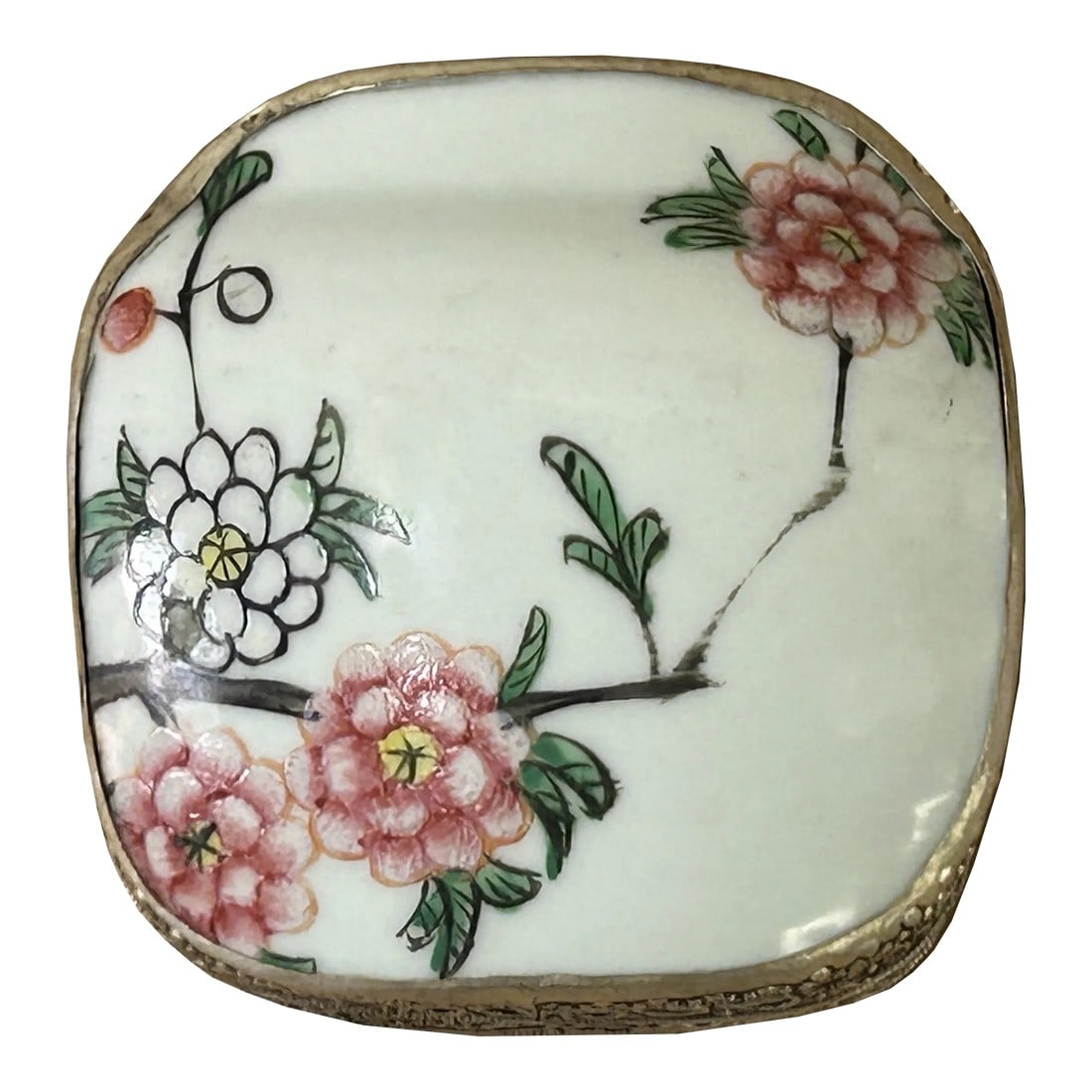 3.5" Chinese Old White Base Pink Flower Graphic Porcelain Art Pewter Box (1 of 7)