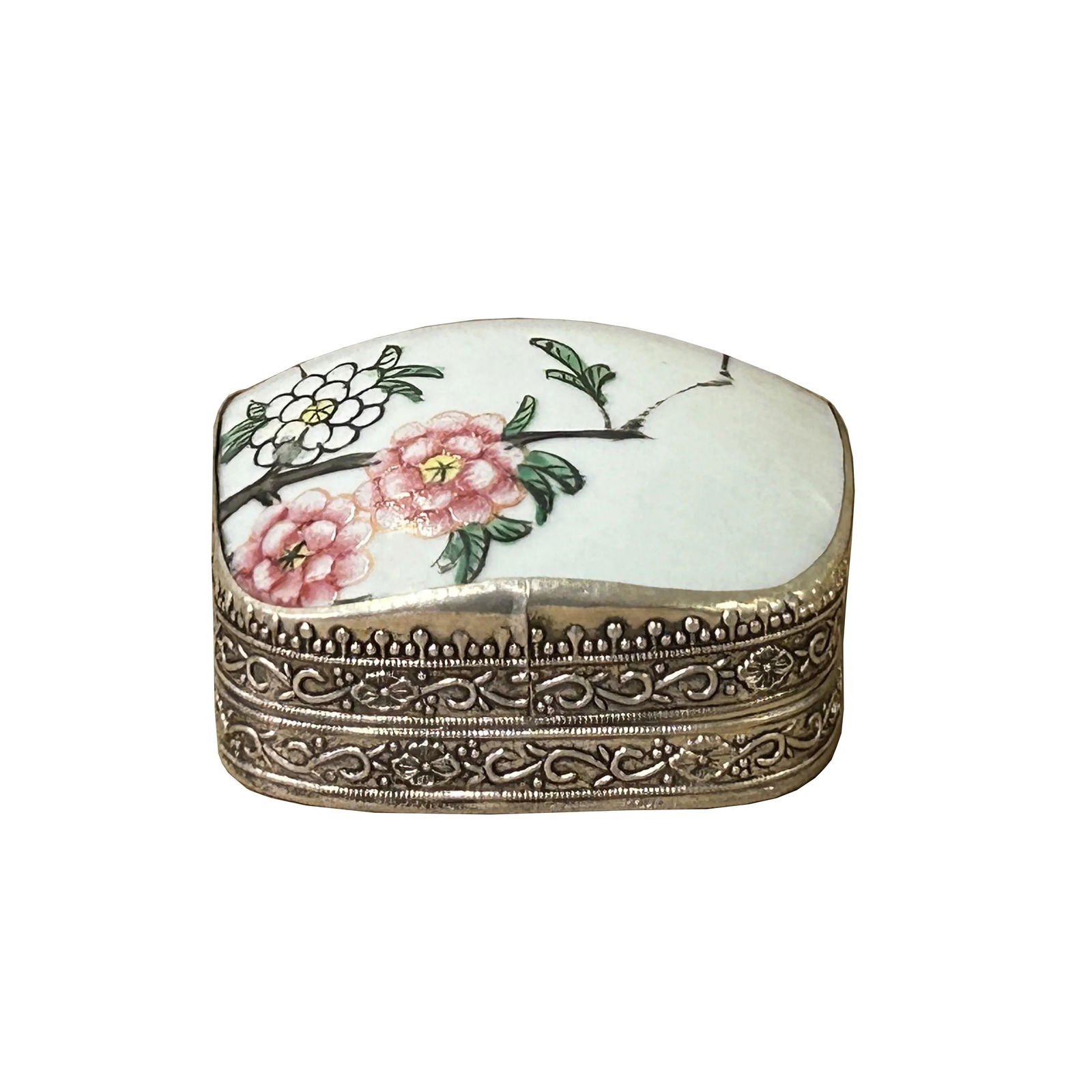 3.5" Chinese Old White Base Pink Flower Graphic Porcelain Art Pewter Box - 2