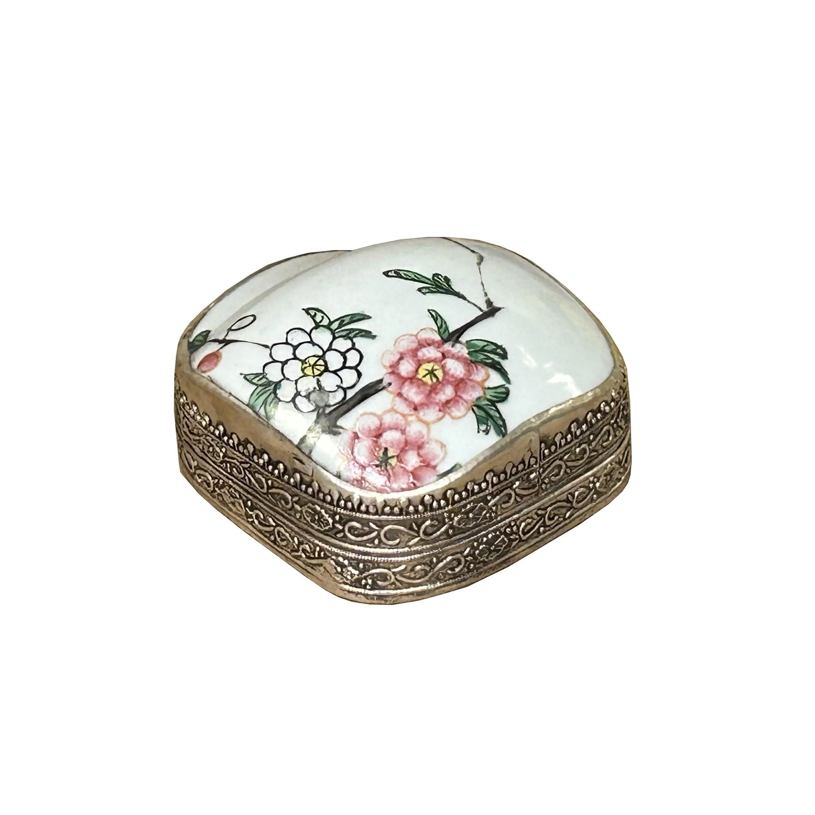 3.5" Chinese Old White Base Pink Flower Graphic Porcelain Art Pewter Box - 5
