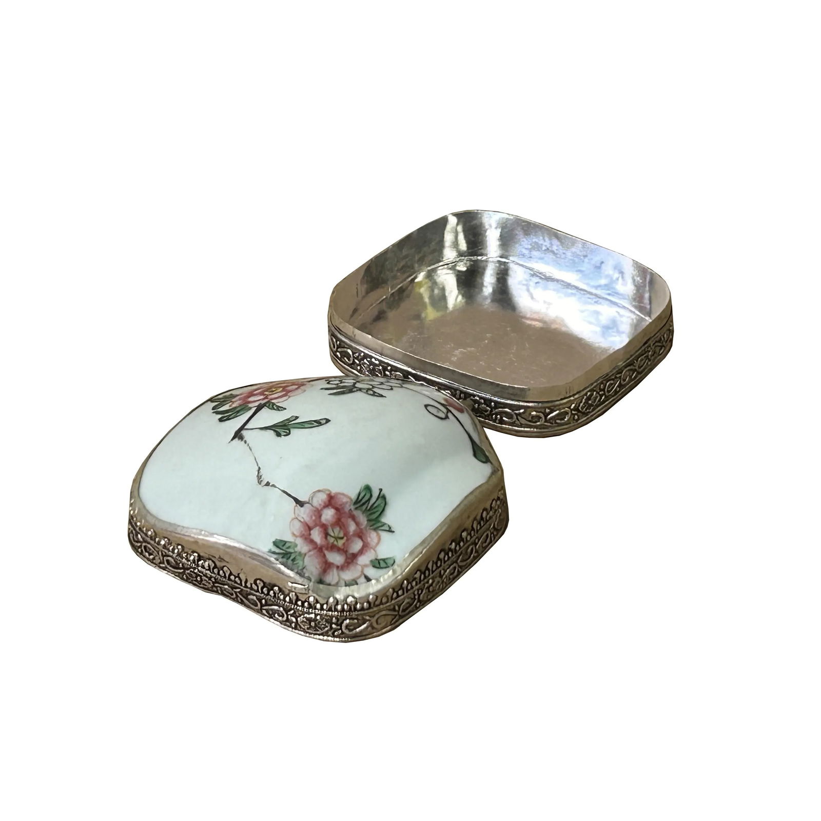 3.5" Chinese Old White Base Pink Flower Graphic Porcelain Art Pewter Box - 6