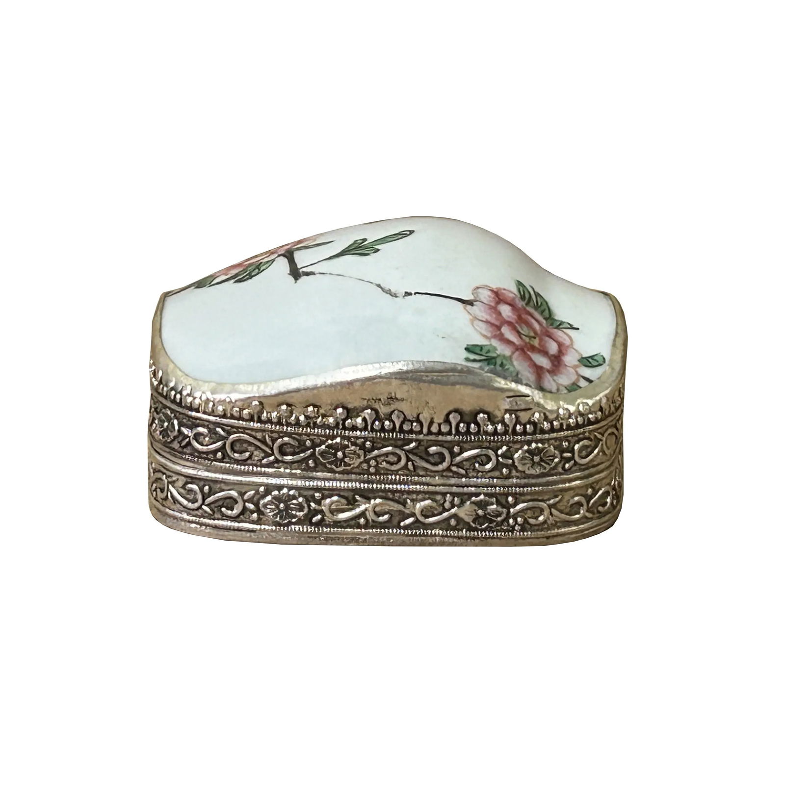 3.5" Chinese Old White Base Pink Flower Graphic Porcelain Art Pewter Box - 7