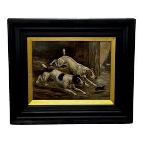 Late 19th Century British Victorian Hunting Oil Painting Jack Russell Terrier Dogs Chasing Rat in Ba