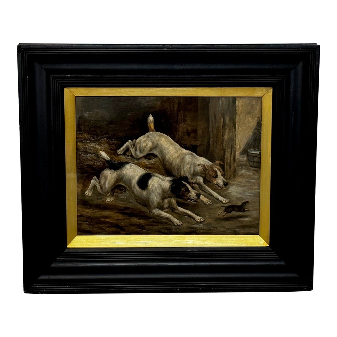 Late 19th Century British Victorian Hunting Oil Painting Jack Russell Terrier Dogs Chasing Rat in Ba: 1 Fine Small British Victorian Hunting Oil Painting Portrait Of Jack Russell Terrier Dogs Ratting In Barn Chasing Rat Ratting By Edward Aistrop. Impress your clients & guests with this hunting