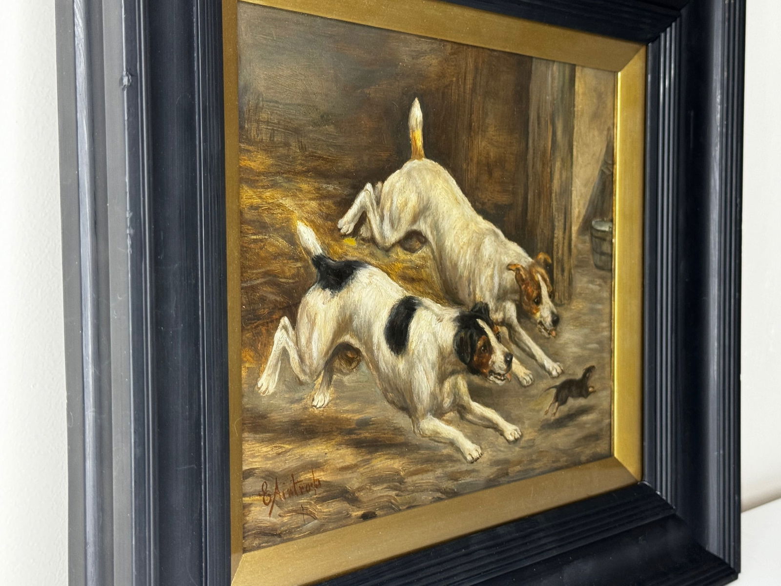 Late 19th Century British Victorian Hunting Oil Painting Jack Russell Terrier Dogs Chasing Rat in Ba - 5