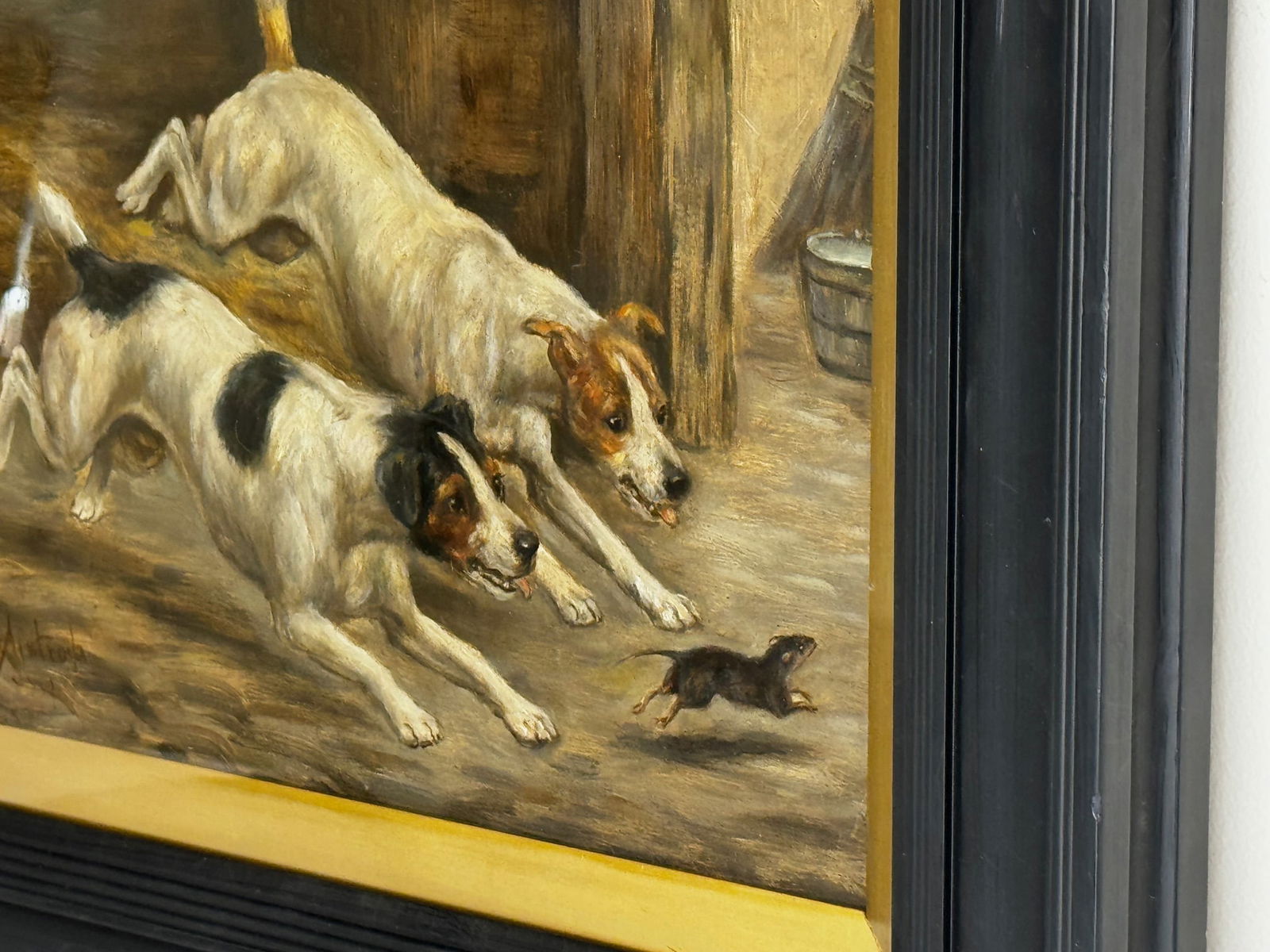 Late 19th Century British Victorian Hunting Oil Painting Jack Russell Terrier Dogs Chasing Rat in Ba - 6