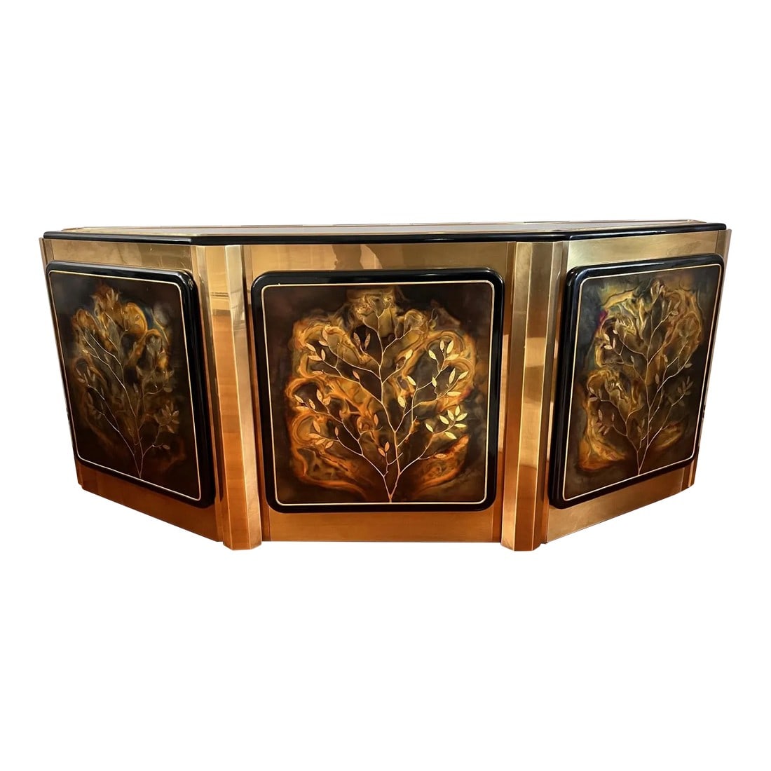1970s Bernhard Rohne for Mastercraft "Tree of Life" Acid Etched Brass and Inlaid Sideboard: This stunning 'Tree of Life' brass console, designed by Bernhard Rohne and manufactured by Mastercraft in the 1970s, features exquisite acid-etched artwork showcasing three intricately detailed trees