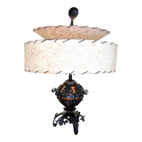 1850's Spanish Influenced Design Copper Oil Lamp Encased With Scrolled, Black Cast Iron