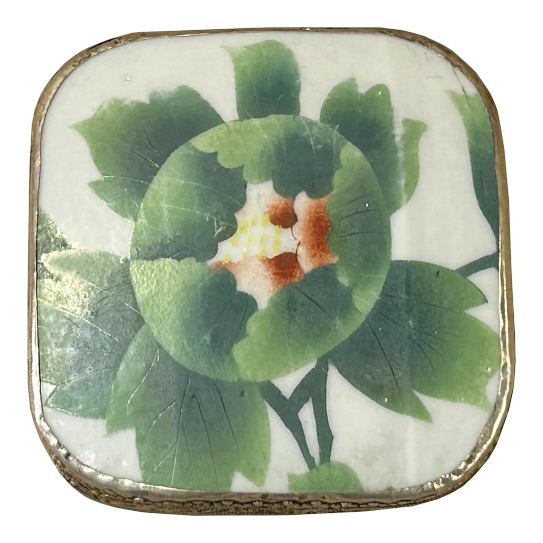 3.5" Chinese Old White Base Pink Flower Graphic Porcelain Art Pewter Box (1 of 7)