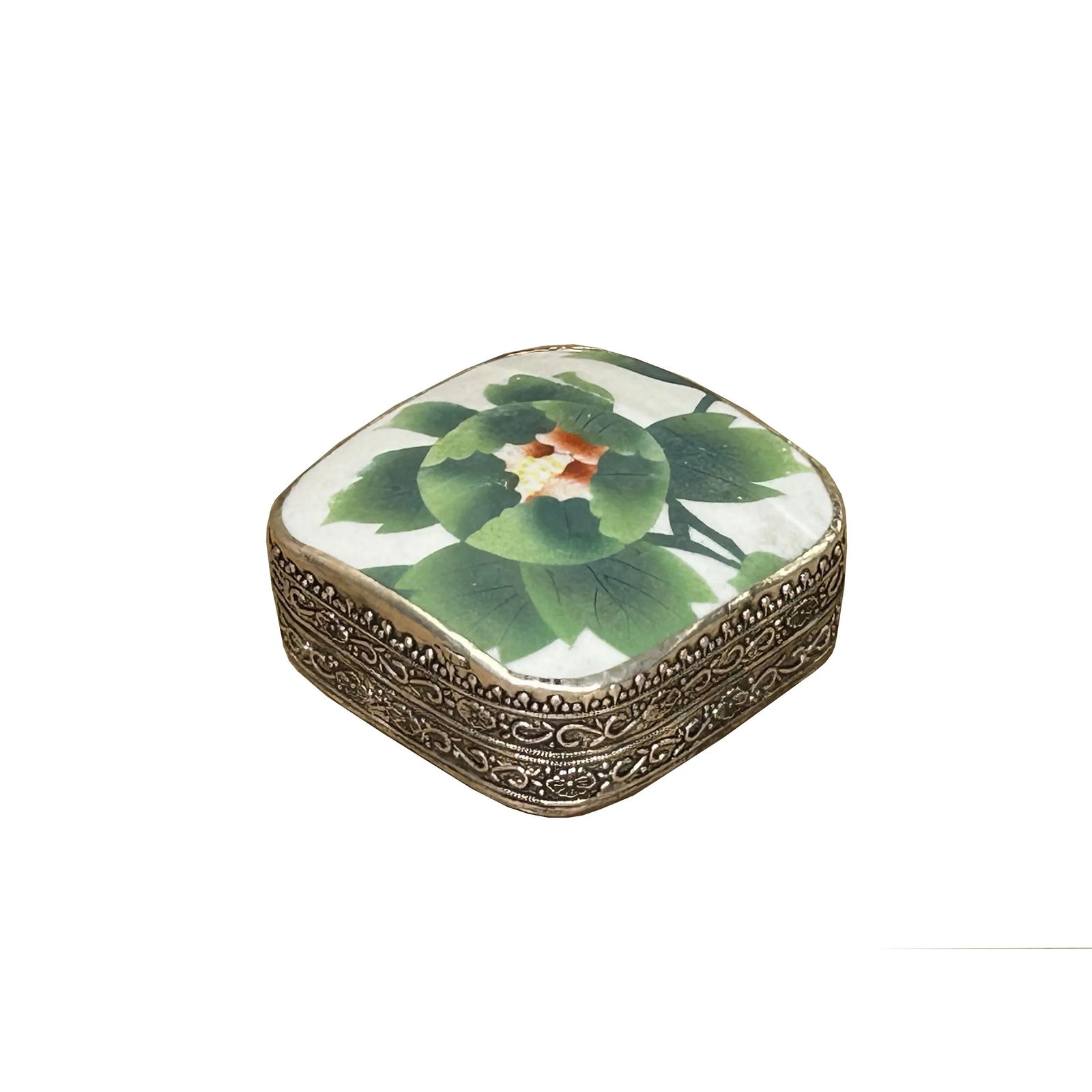 3.5" Chinese Old White Base Pink Flower Graphic Porcelain Art Pewter Box - 3
