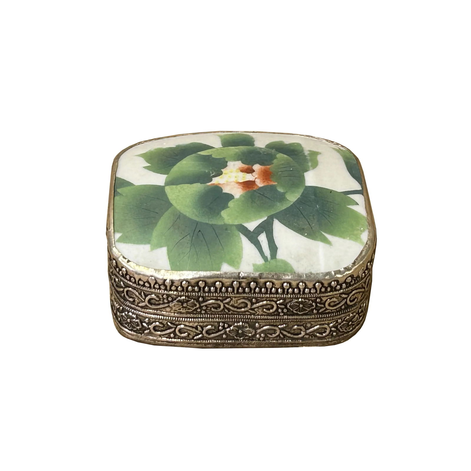 3.5" Chinese Old White Base Pink Flower Graphic Porcelain Art Pewter Box - 5