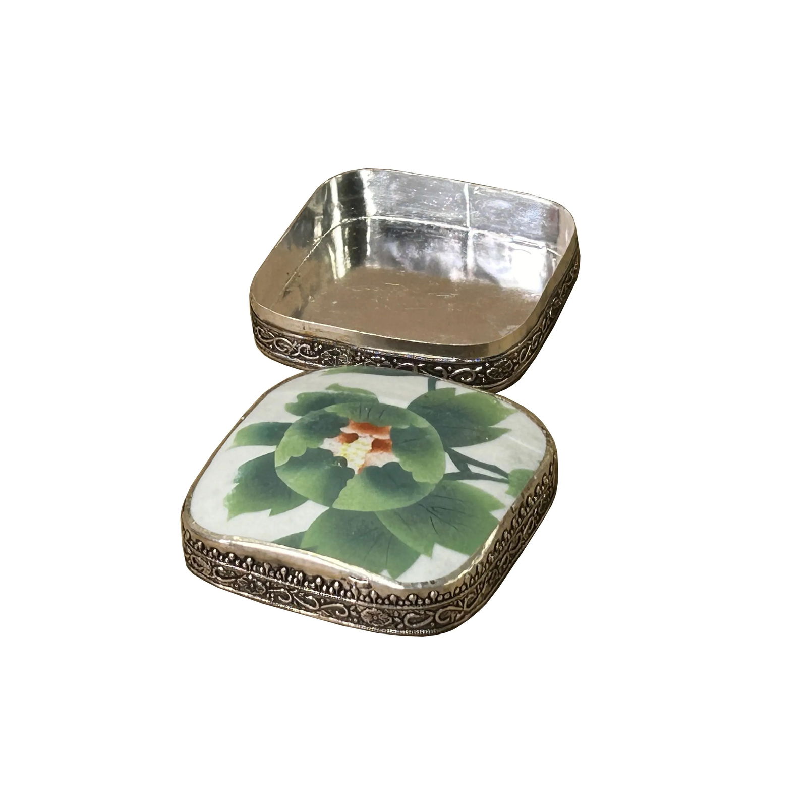 3.5" Chinese Old White Base Pink Flower Graphic Porcelain Art Pewter Box - 6