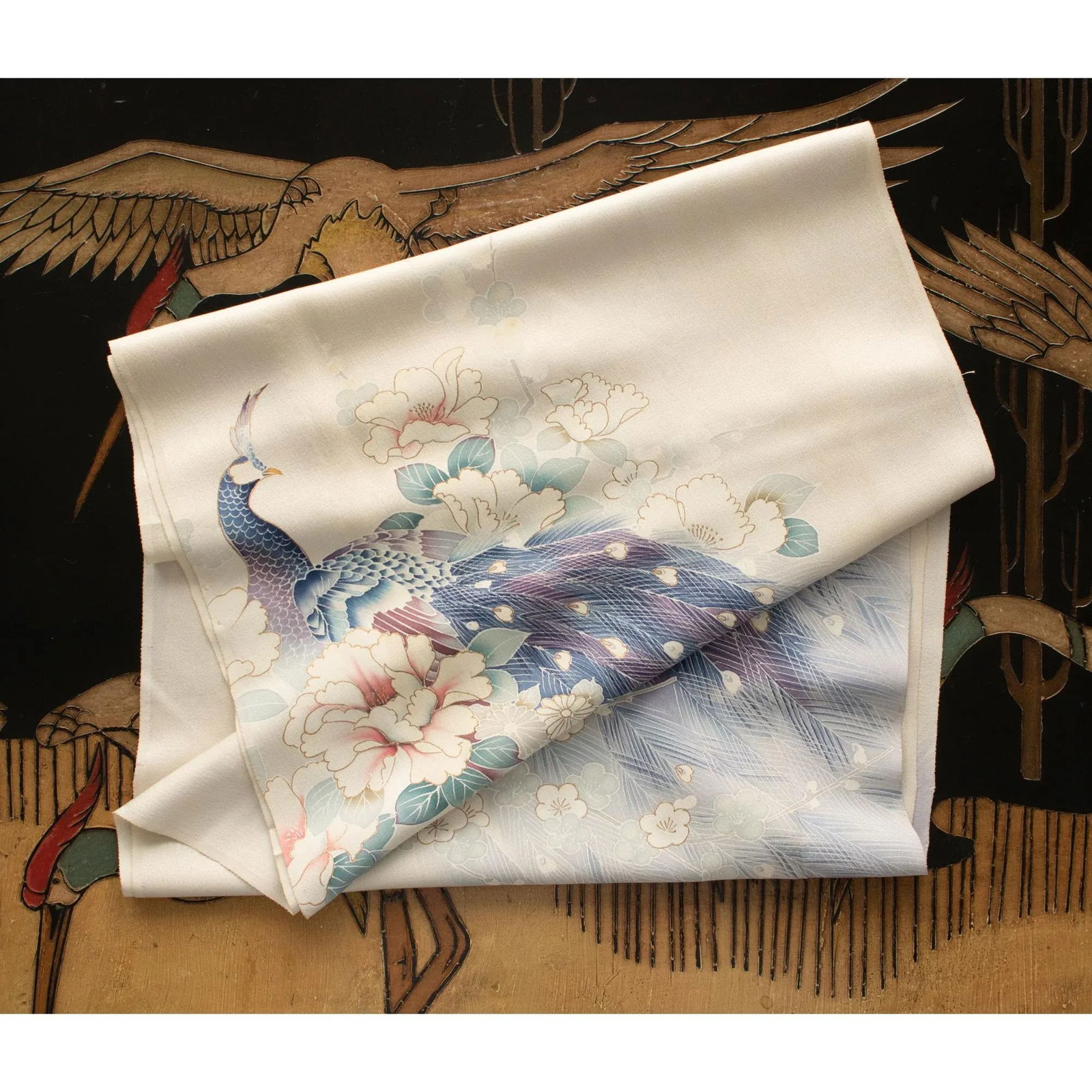 Showa Era Vintage Japanese Double-Sided Silk Panel With Divine Peacock and Flowers - 10