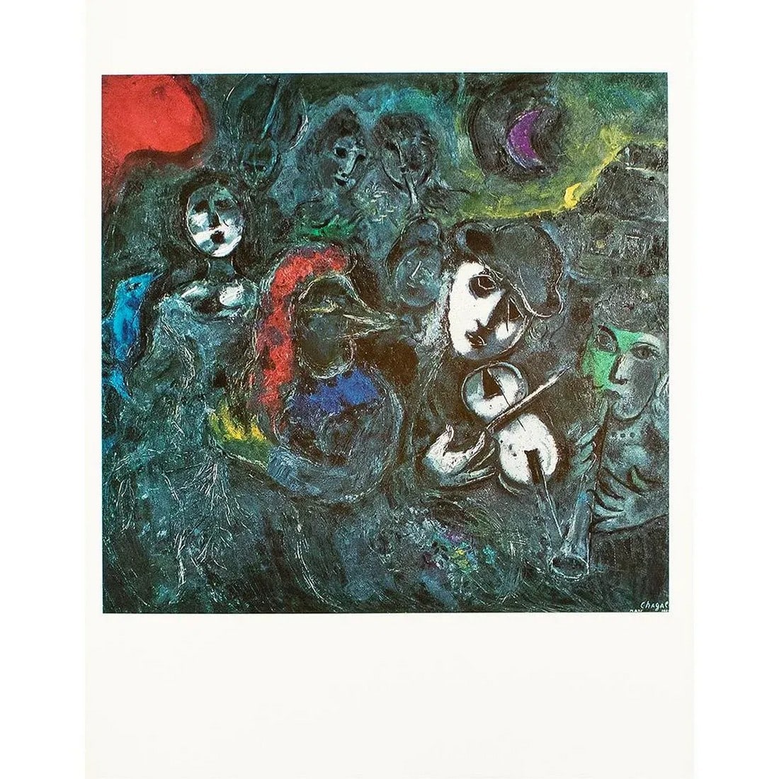 1972 After Marc Chagall "Acrobats at Night", Full-Color Parisian Print: Excellent full-color print after the painting "Acrobats at Night" by Marc Chagall. Published by New French Editions in France in October 1972. Edition N 6179. Printed on one side. Hand tipped-in on a