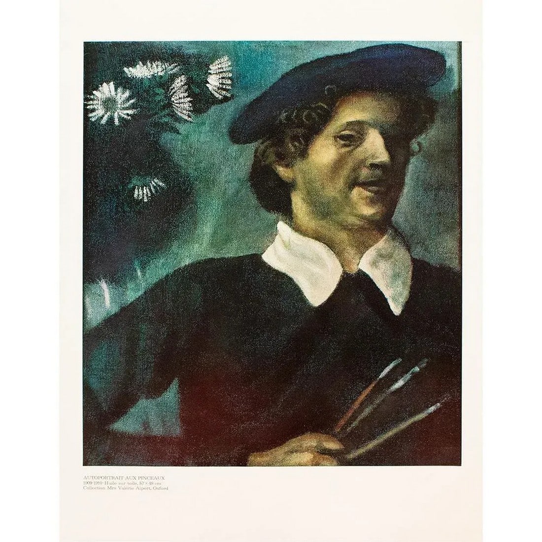1972 After Marc Chagall "Self-Portrait With Brushes", Full-Color Parisian Print: A stunning full-color print after the "Self-Portrait with Brushes" by Marc Chagall. Published by New French Editions in France in October 1972. Edition N 6179. Printed on one side. Hand tipped-in on