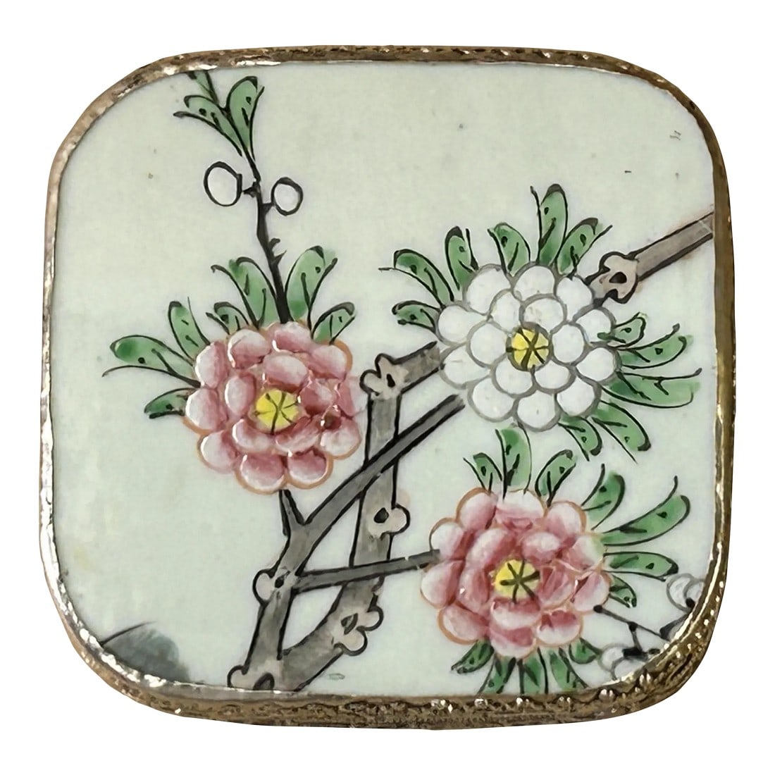 3.5" Chinese Old White Base Pink Flower Graphic Porcelain Art Pewter Box (1 of 8)