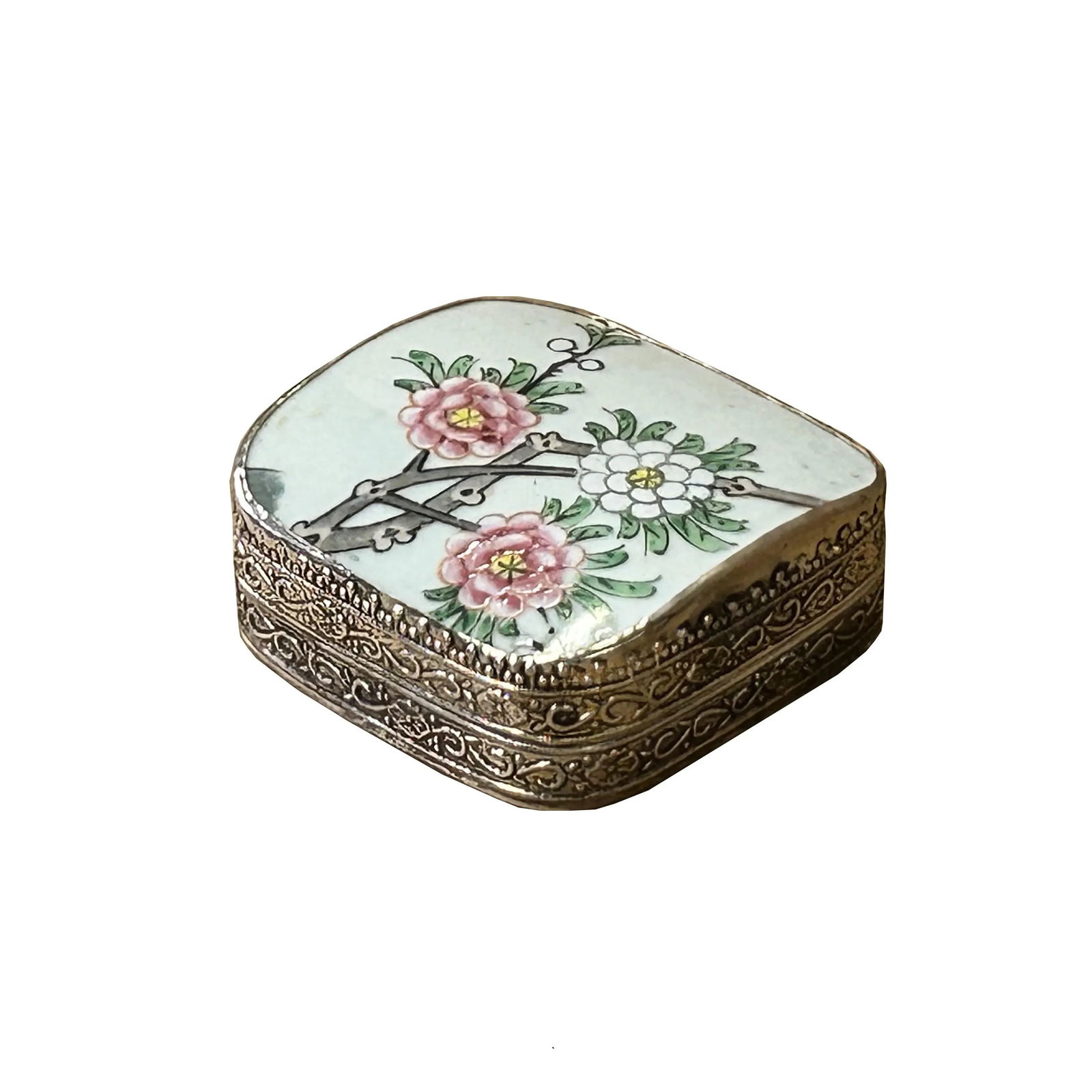 3.5" Chinese Old White Base Pink Flower Graphic Porcelain Art Pewter Box - 2