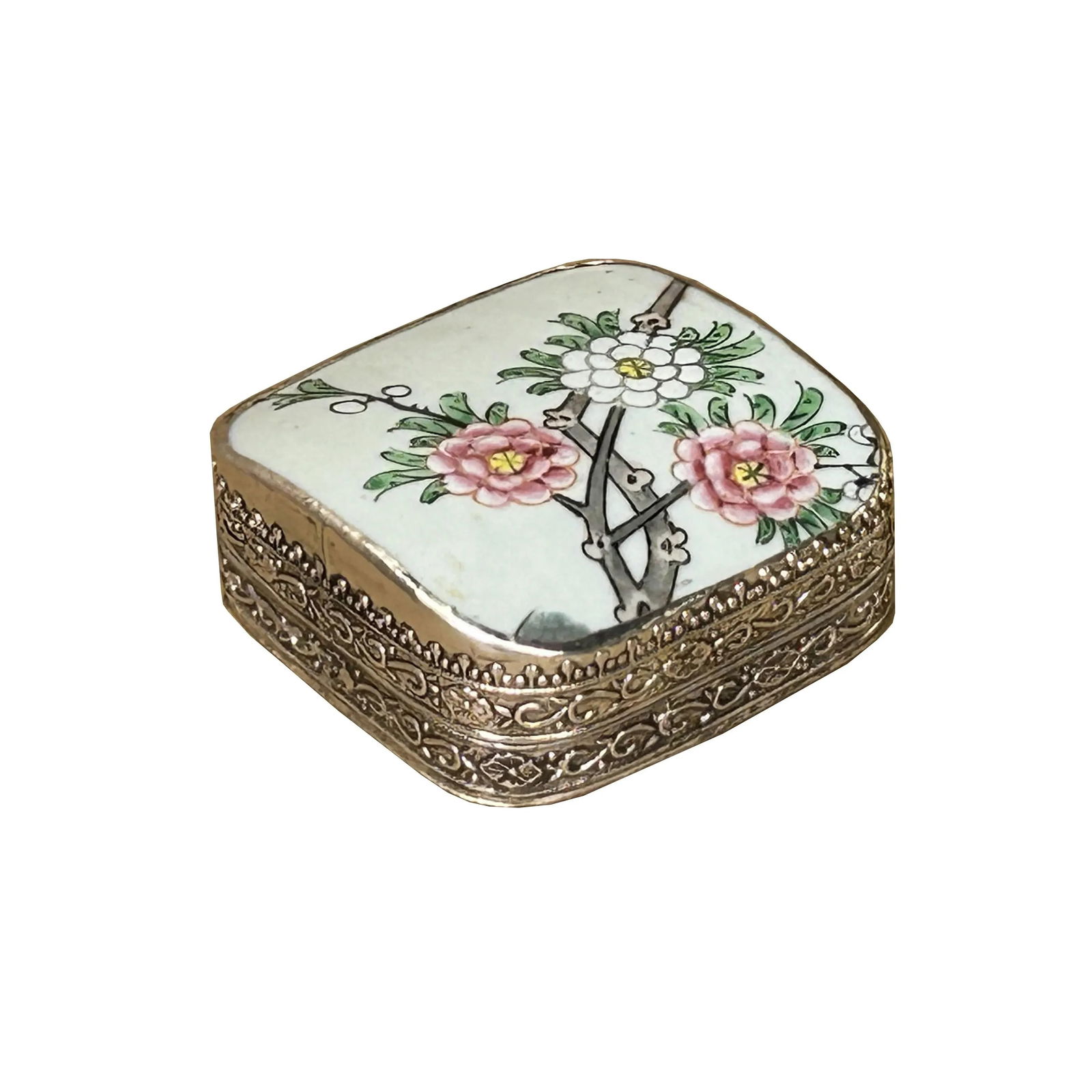 3.5" Chinese Old White Base Pink Flower Graphic Porcelain Art Pewter Box - 3