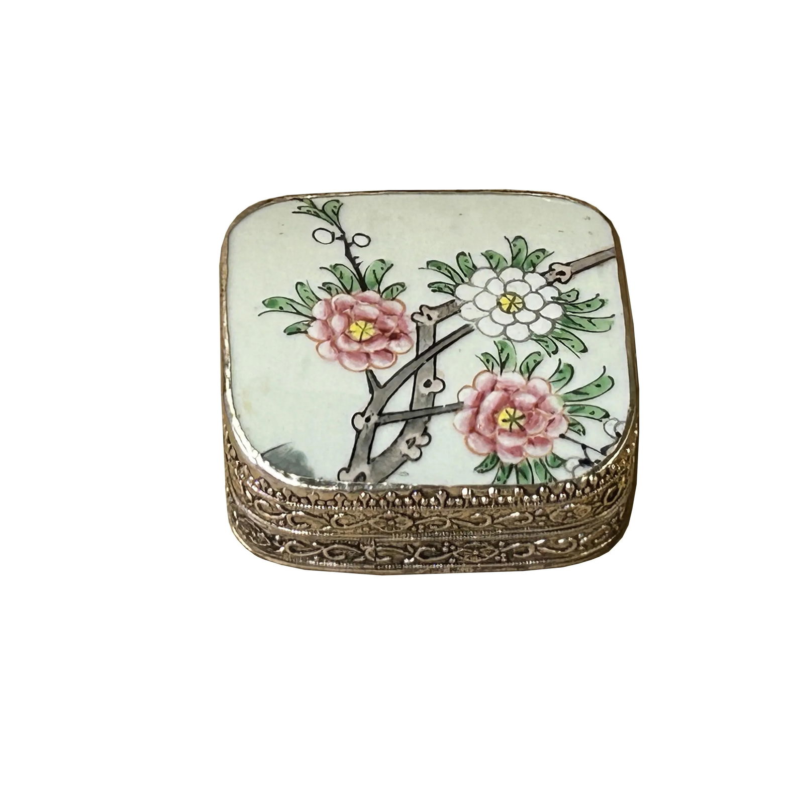 3.5" Chinese Old White Base Pink Flower Graphic Porcelain Art Pewter Box - 4