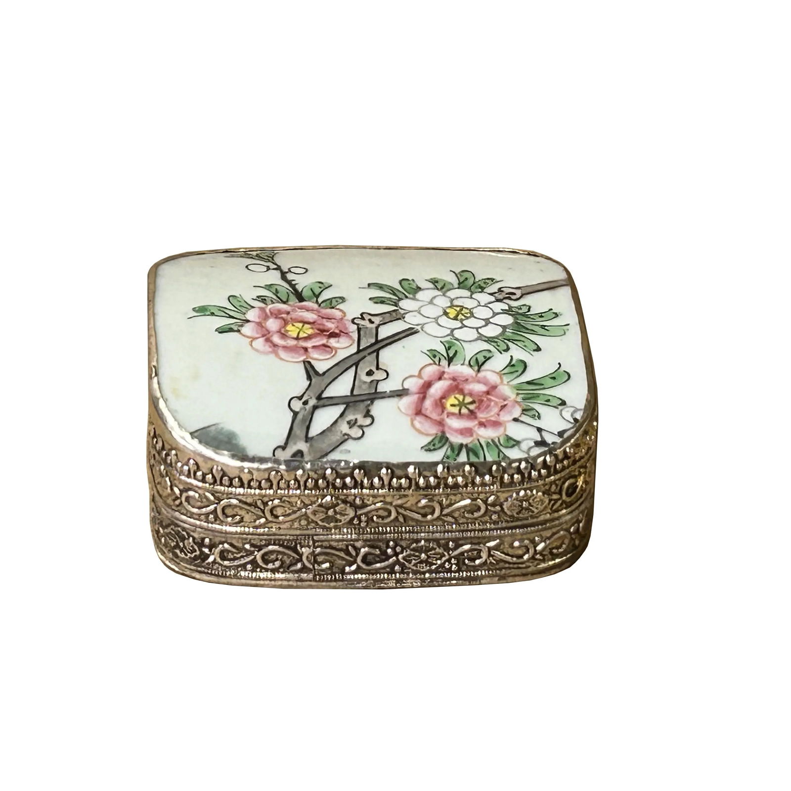 3.5" Chinese Old White Base Pink Flower Graphic Porcelain Art Pewter Box - 6